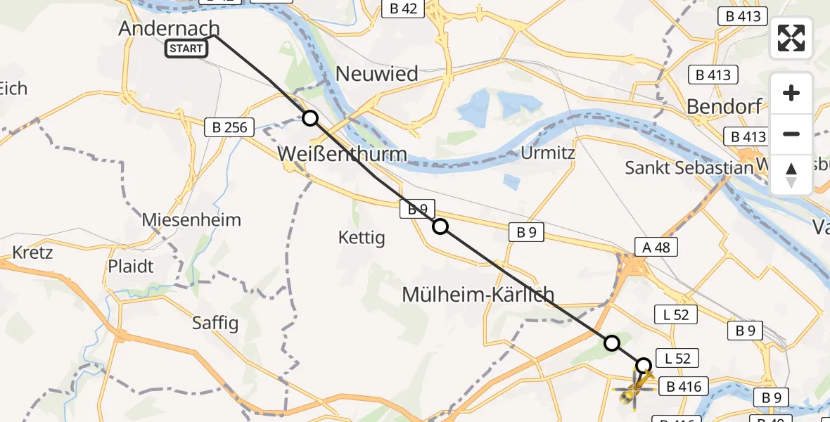 Routekaart van de vlucht: Rettungshubschrauber nach Koblenz, Rübenacher Straße
