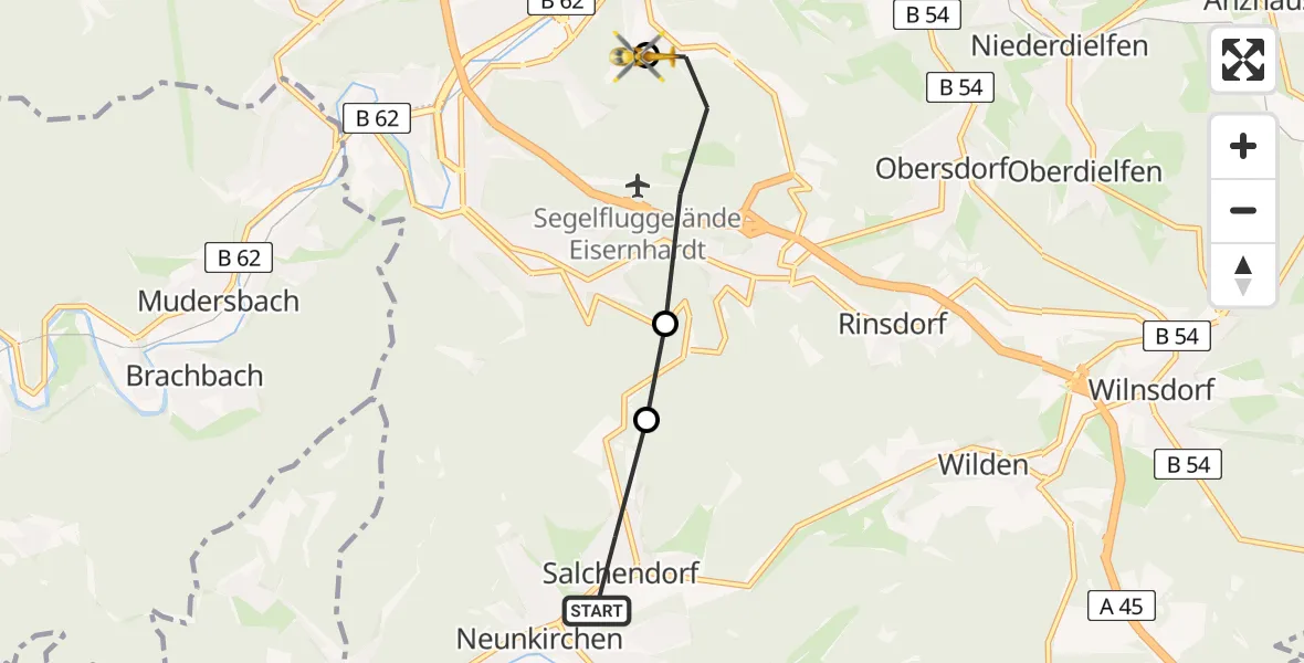 Flugroute Rettungshubschrauber Salchendorf - Evangelisches Jung-Stilling Hospital, 26 März 2026, 10:55
