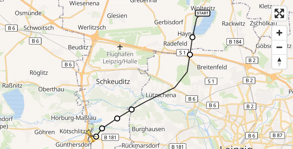Flugroute Rettungshubschrauber Wolteritz - ADAC Air Rescue Station Leipzig/Schkeuditz-Dölzig Hubschrauberlandeplatz (Christoph 61), 26 März 2026, 11:00