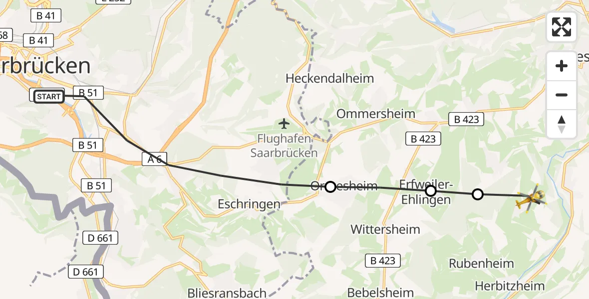 Routekaart van de vlucht: Rettungshubschrauber nach Blieskastel, Wolfharistraße
