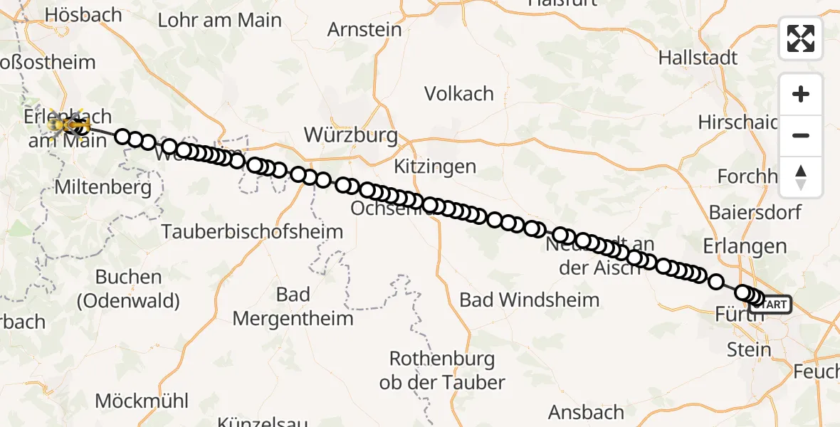 Flugroute Ambulanzhubschrauber Flughafen Nuremberg - Helios Clinic Erlenbach, 26 März 2026, 11:16