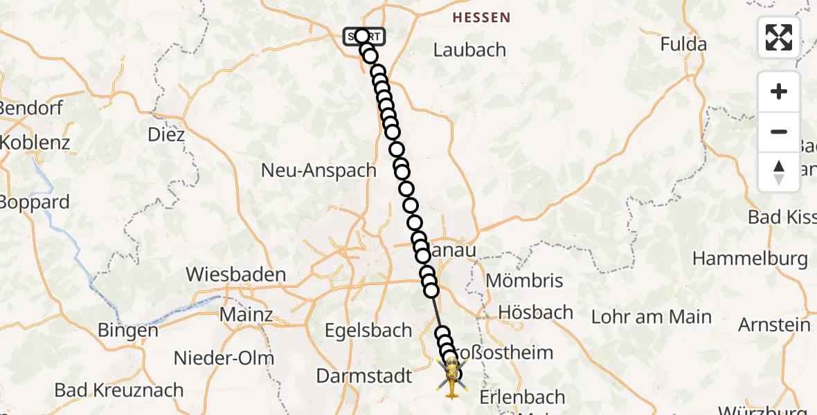 Flugroute Rettungshubschrauber Gießen - Groß-Umstadt, 26 März 2026, 11:21