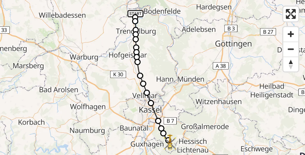 Flugroute Rettungshubschrauber Herstelle - Wattenbach, 26 März 2026, 11:27