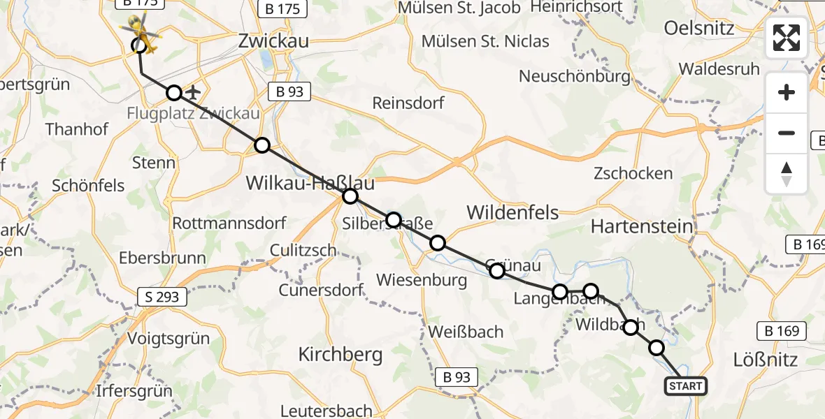 Routekaart van de vlucht: Rettungshubschrauber nach ADAC Air Rescue Station Zwickau Hubschrauberlandeplatz