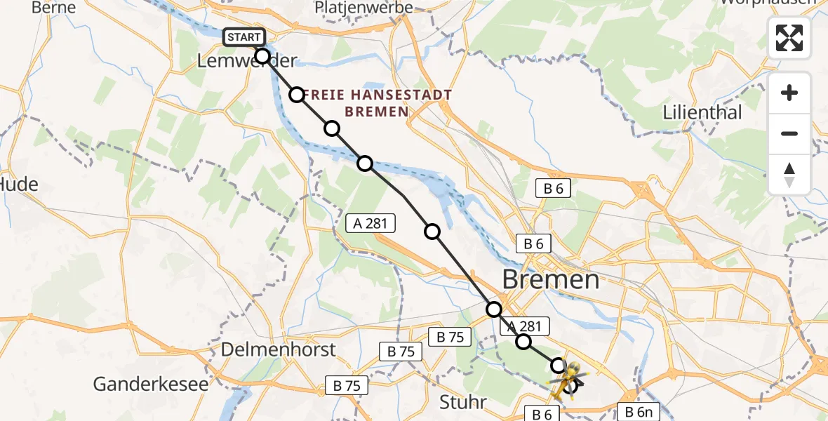Flugroute Rettungshubschrauber Bremen-Nord - ADAC Air Rescue Station Bremen Hubschrauberlandeplatz (Christoph 6), 26 März 2026, 11:33