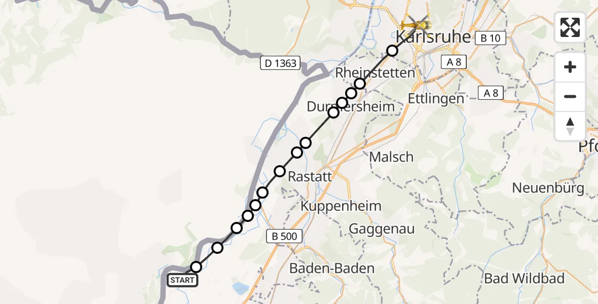 Flugroute Rettungshubschrauber Greffern - Karlsruhe, 26 März 2026, 11:35
