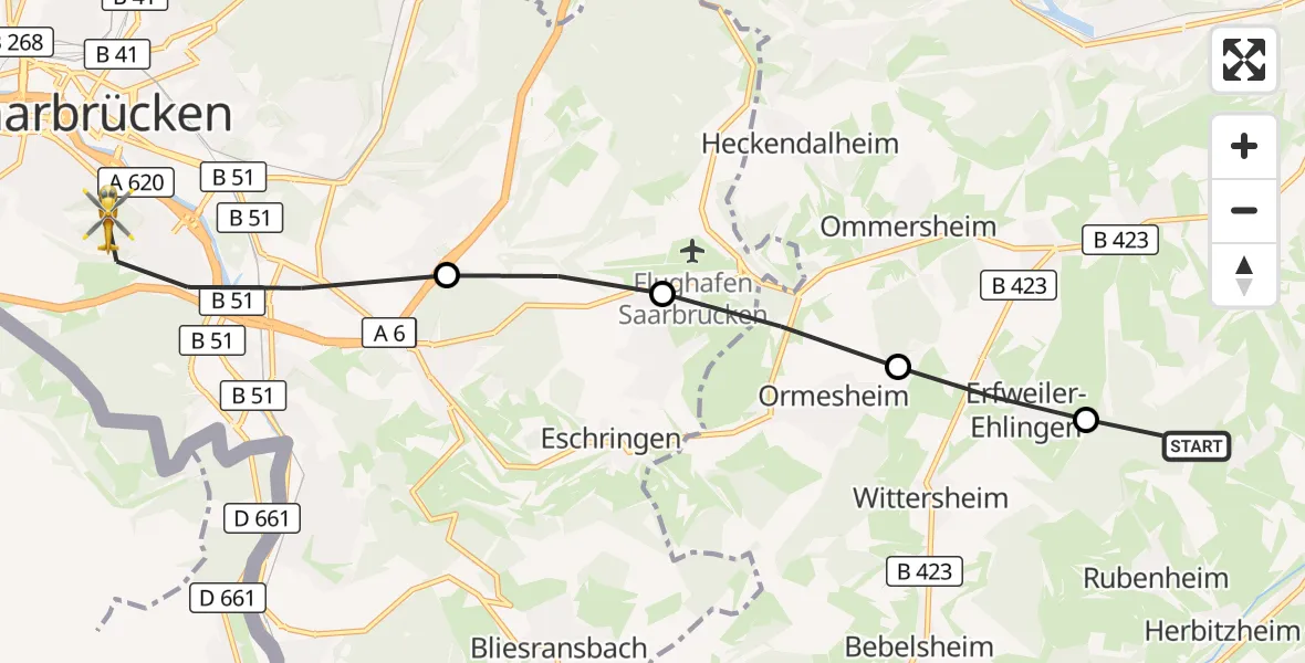 Flugroute Rettungshubschrauber Blieskastel - Saarbrücken, 26 März 2026, 11:36