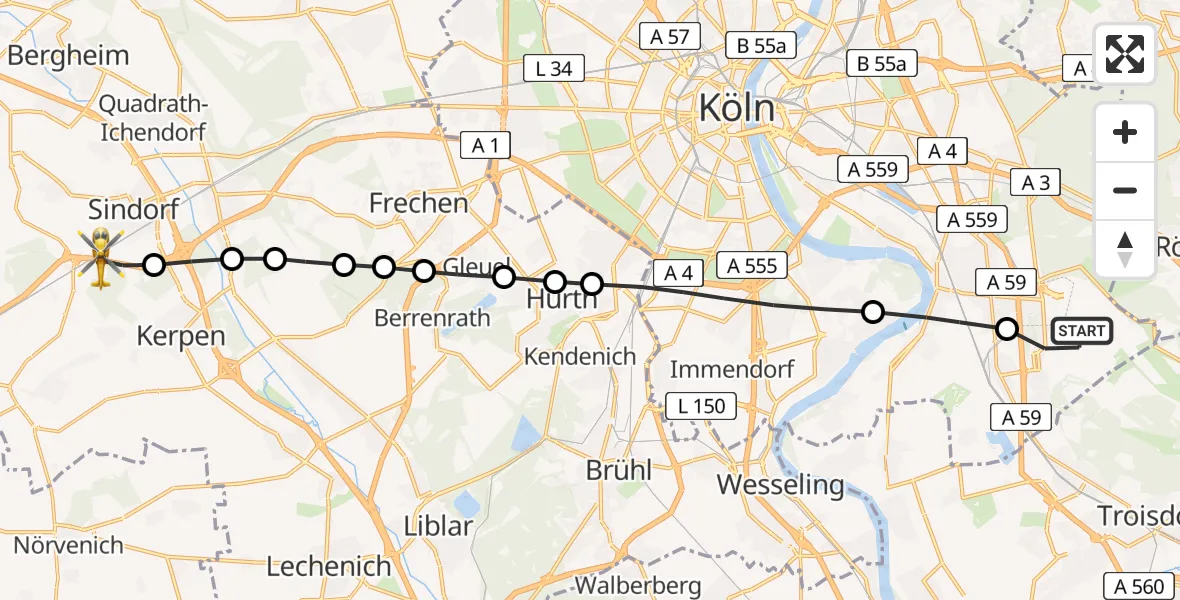 Flugroute Rettungshubschrauber Köln Bonn Flughafen - Sindorf, 26 März 2026, 11:37