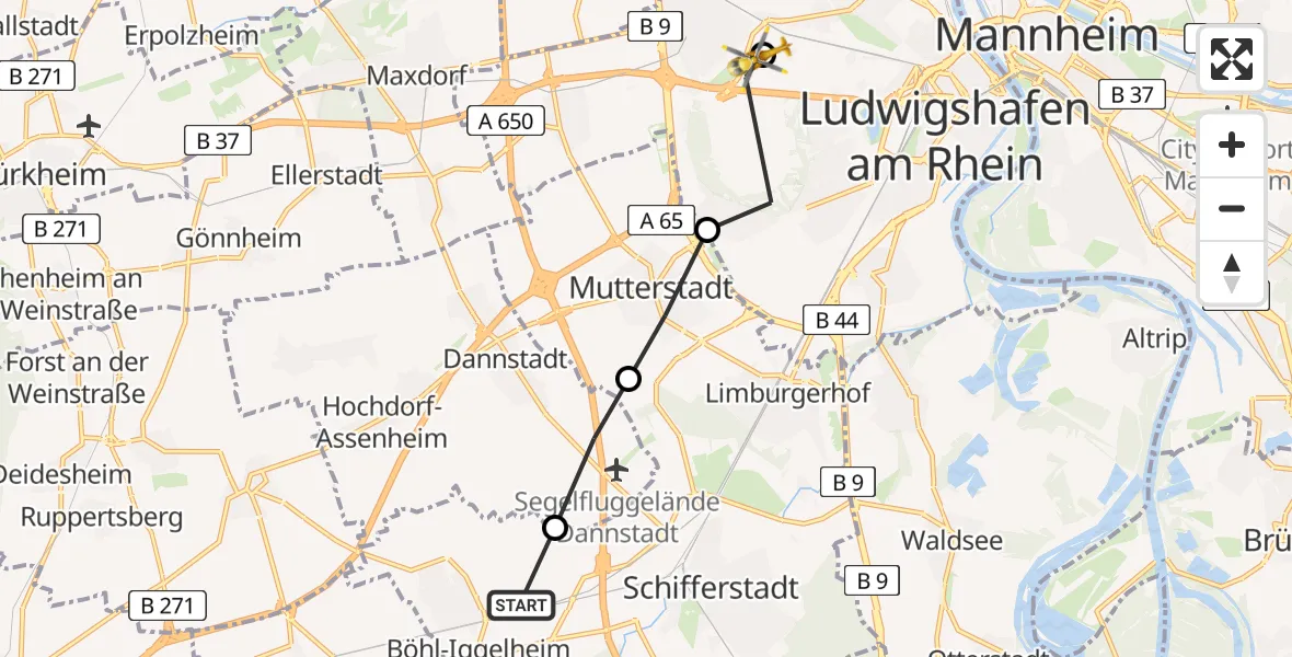 Flugroute Rettungshubschrauber Böhl-Iggelheim - Ludwigshafen Accident Hospital Hubschrauberlandeplatz, 26 März 2026, 11:41