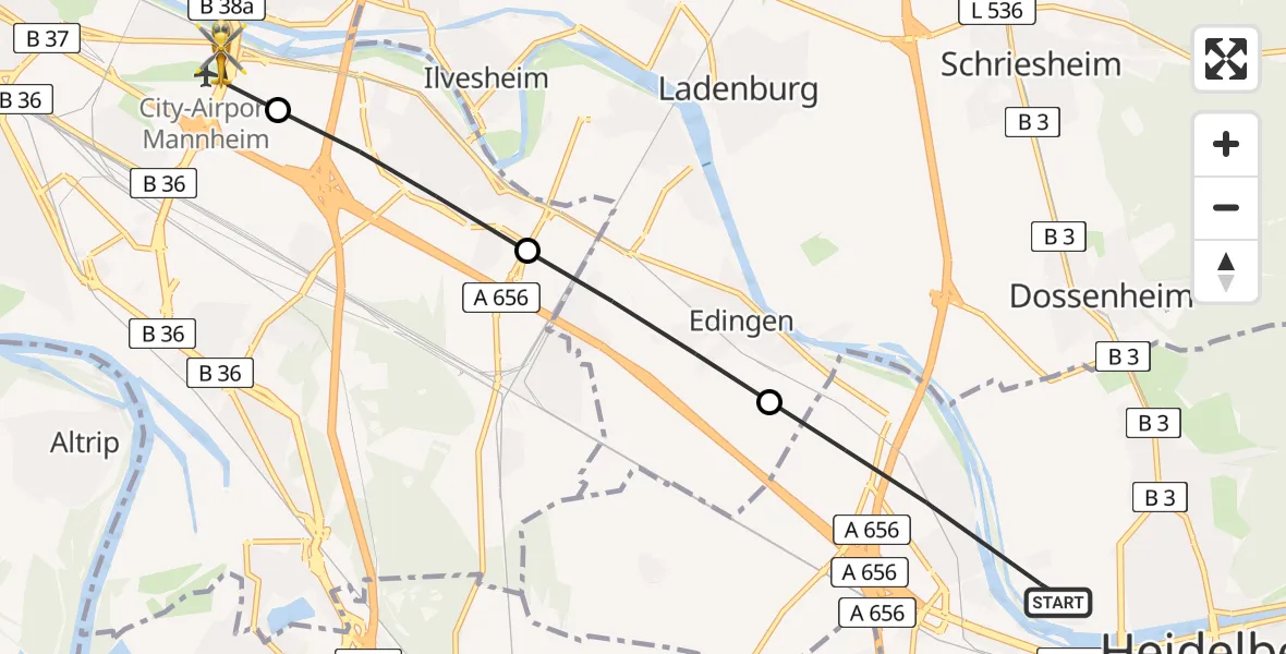 Flugroute Rettungshubschrauber Heidelberg - Mannheim-City Flughafen, 26 März 2026, 11:48
