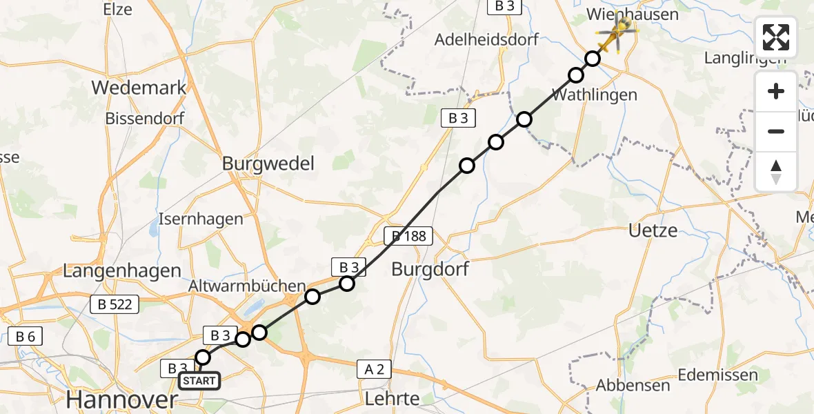 Flugroute Rettungshubschrauber Hannover Luftrettung Hubschrauberlandeplatz (Christoph 4) - Bockelskamp, 26 März 2026, 11:51