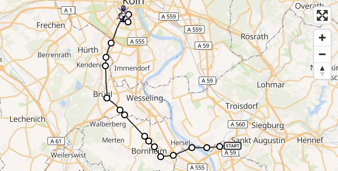 Flugroute Polizeihubschrauber Meindorf - Rodenkirchen, 26 März 2026, 12:02