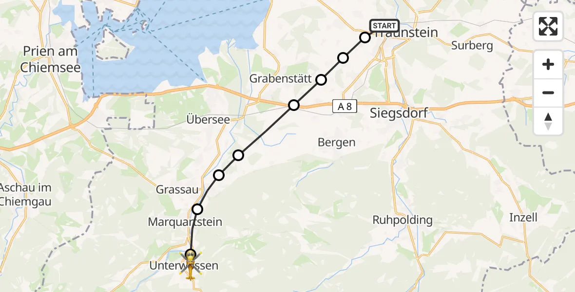 Flugroute Rettungshubschrauber Traunstein Hospital - Unterwössen, 26 März 2026, 12:02