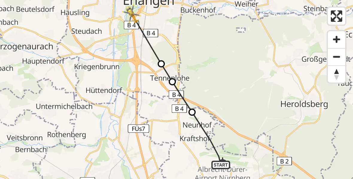 Routekaart van de vlucht: Rettungshubschrauber nach Erlangen, Flughafen Nuremberg