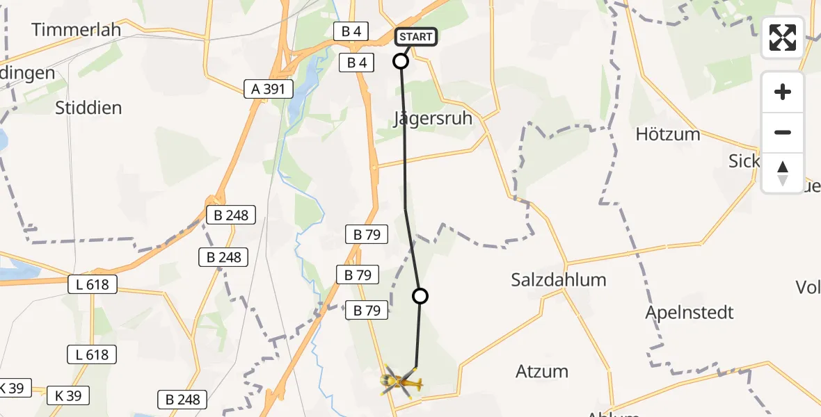 Flugroute Rettungshubschrauber Südstadt-Rautheim-Mascherode - Wolfenbüttel Municipal Hospital Hubschrauberlandeplatz (Christoph 30), 26 März 2026, 12:13