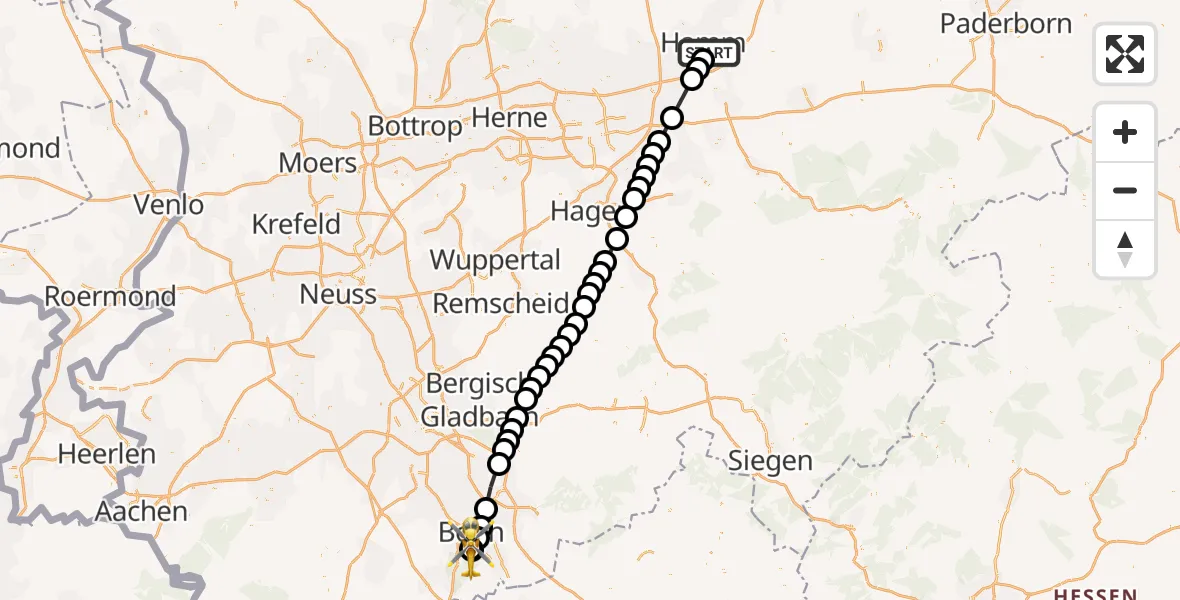 Flugroute Rettungshubschrauber Hamm-Mitte - Bonn University Hospital, 26 März 2026, 13:27