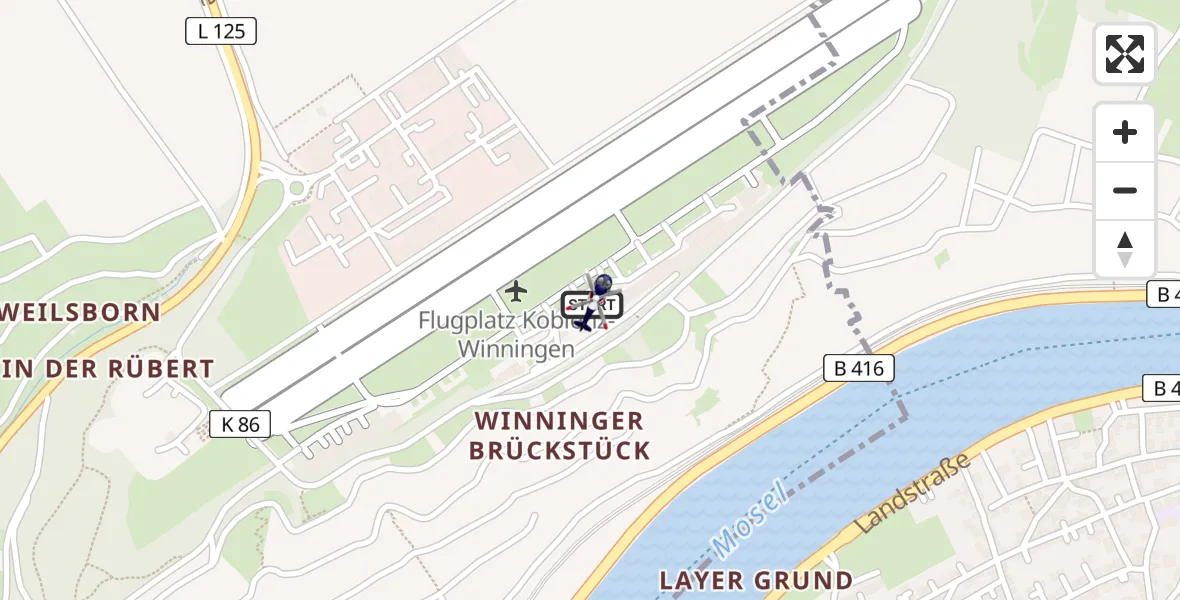 Flugroute Polizeihubschrauber Koblenz-Winningen Flugplatz - Koblenz-Winningen Flugplatz, 26 März 2026, 13:45