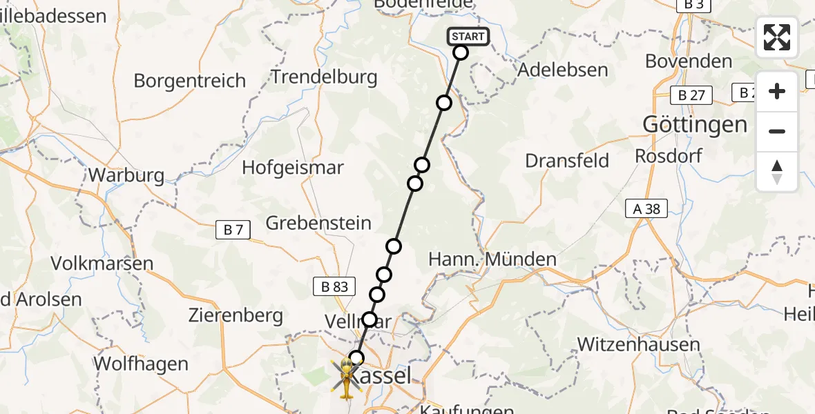Routekaart van de vlucht: Rettungshubschrauber nach Kassel, Hansteinstraße