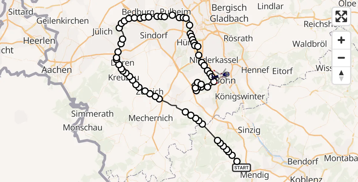 Routekaart van de vlucht: Polizeihubschrauber nach Stadtbezirk Bonn, Kölnstraße