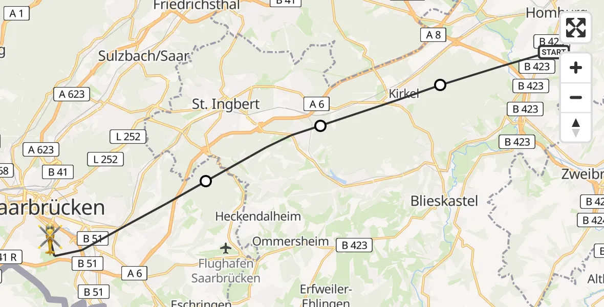 Flugroute Rettungshubschrauber Homburg - Saarbrücken, 26 März 2026, 14:09