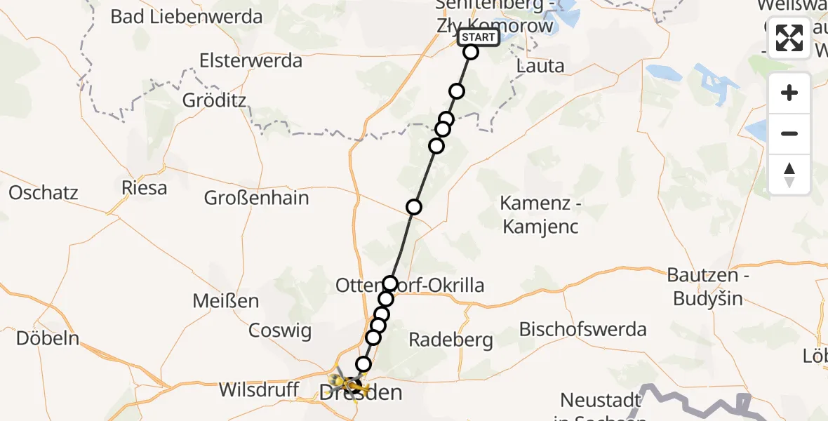Flugroute Ambulanzhubschrauber Senftenberg - Dresden Friedrichstadt Hospital, 26 März 2026, 14:09