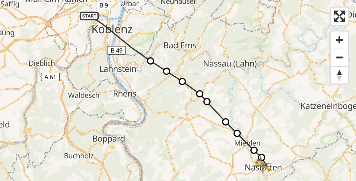 Flugroute Rettungshubschrauber Koblenz - Nastätten, 26 März 2026, 14:15