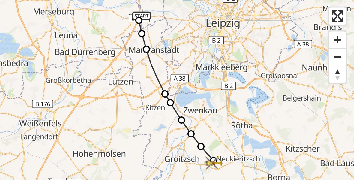 Flugroute Rettungshubschrauber ADAC Air Rescue Station Leipzig/Schkeuditz-Dölzig Hubschrauberlandeplatz (Christoph 61) - Groitzsch, 26 März 2026, 14:16