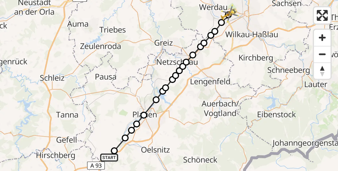 Flugroute Rettungshubschrauber Berglas - ADAC Air Rescue Station Zwickau Hubschrauberlandeplatz, 26 März 2026, 14:17