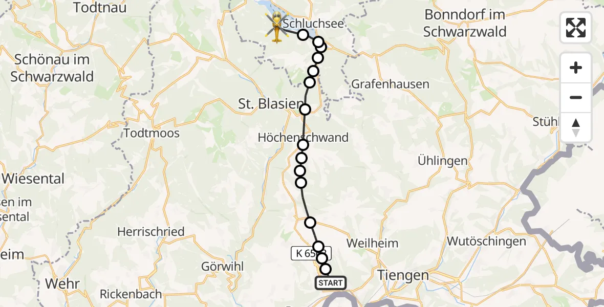 Flugroute Ambulanzhubschrauber Waldshut - Schluchsee (Ort), 26 März 2026, 14:26