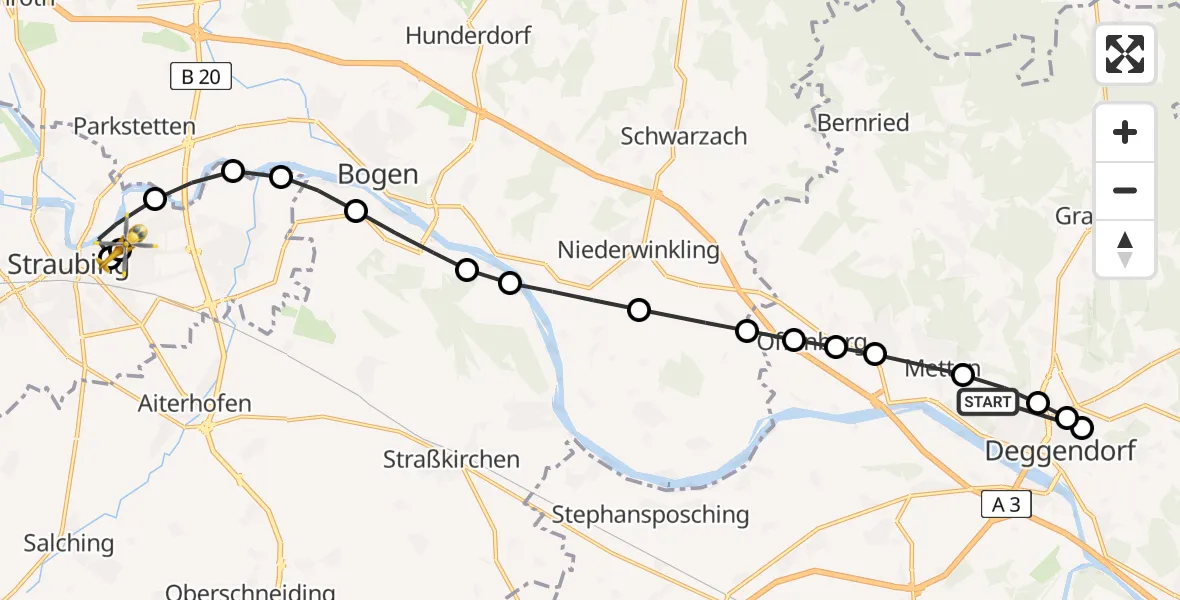 Flugroute Rettungshubschrauber Deggendorf - Sankt Elisabeth Hospital Straubing, 26 März 2026, 12:49