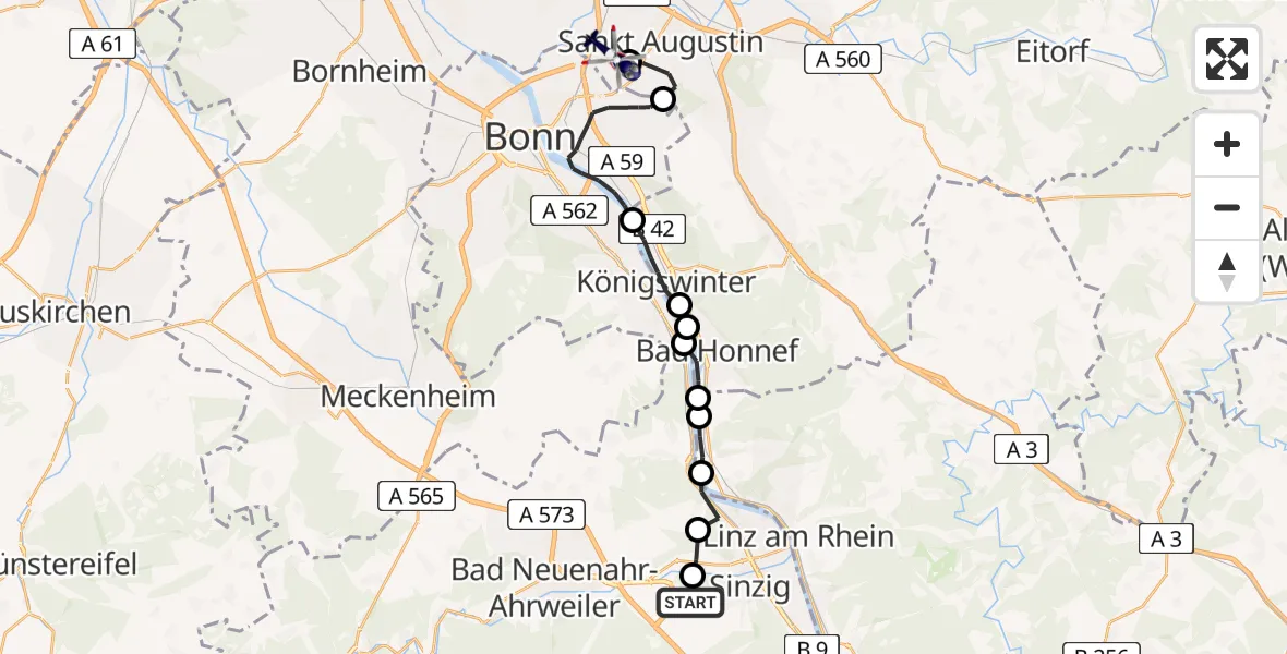 Routekaart van de vlucht: Polizeihubschrauber nach Bonn-Hangelar Flugplatz