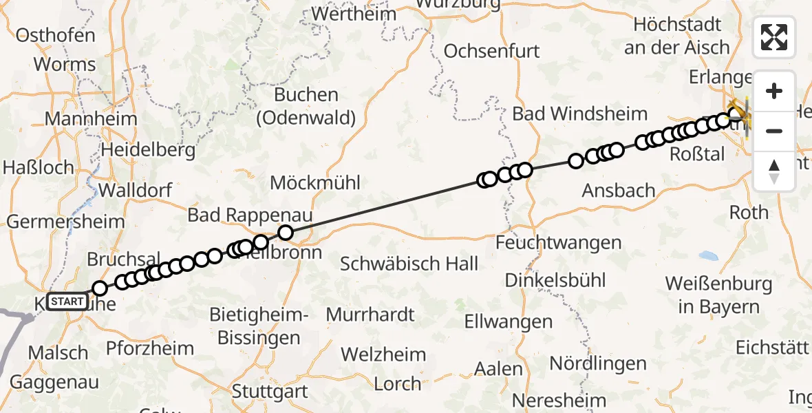Flugroute Ambulanzhubschrauber Karlsruhe - Flughafen Nuremberg, 26 März 2026, 14:32