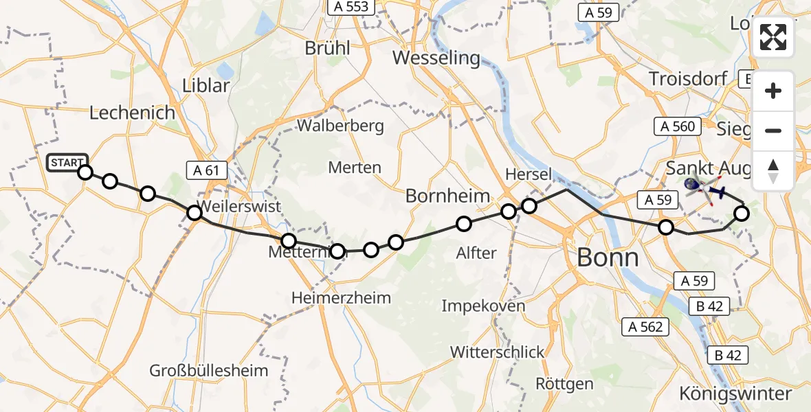 Flugroute Polizeihubschrauber Herrig - Sankt Augustin, 26 März 2026, 14:36