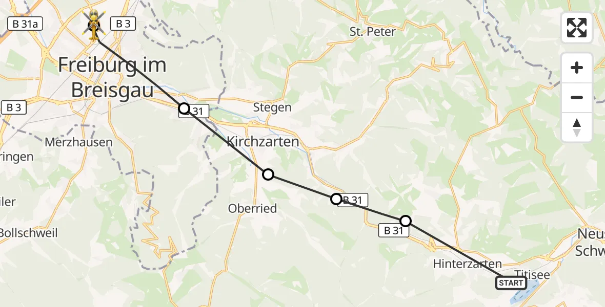 Flugroute Ambulanzhubschrauber Hinterzarten - Freiburg im Breisgau Flugplatz, 26 März 2026, 14:42