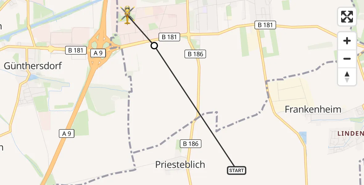 Flugroute Rettungshubschrauber Priesteblich - ADAC Air Rescue Station Leipzig/Schkeuditz-Dölzig Hubschrauberlandeplatz (Christoph 61), 26 März 2026, 15:07