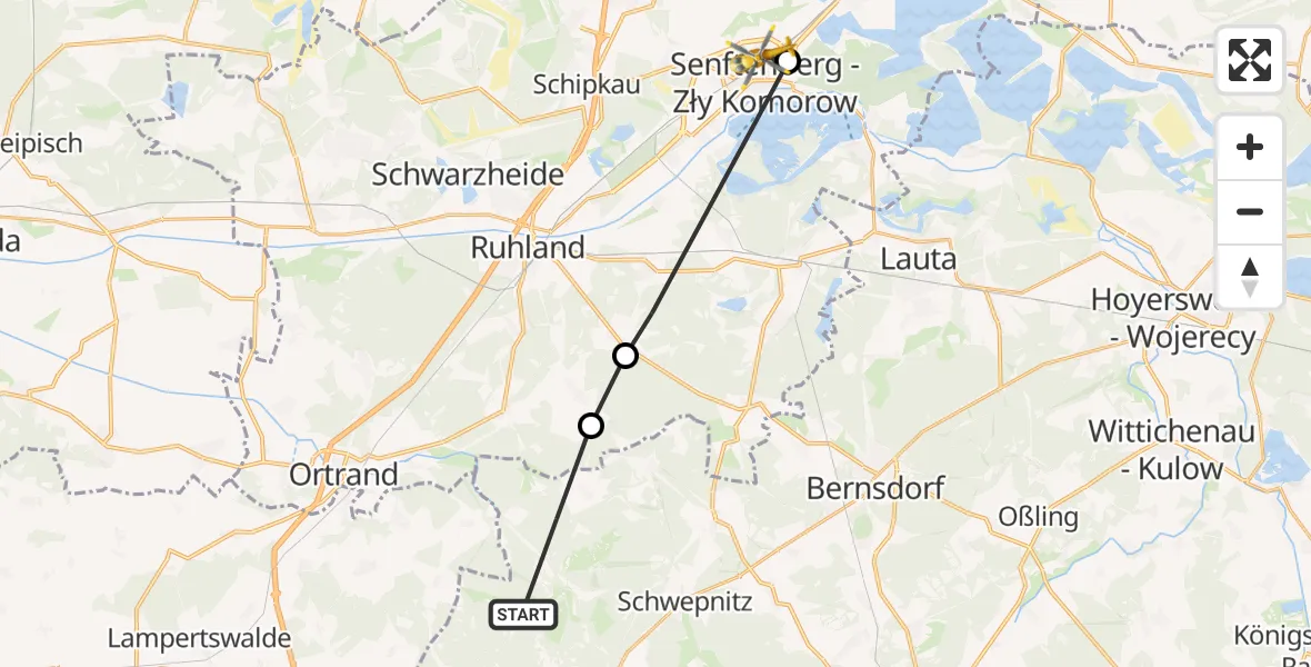 Flugroute Ambulanzhubschrauber Königsbrück - Senftenberg, 26 März 2026, 15:07