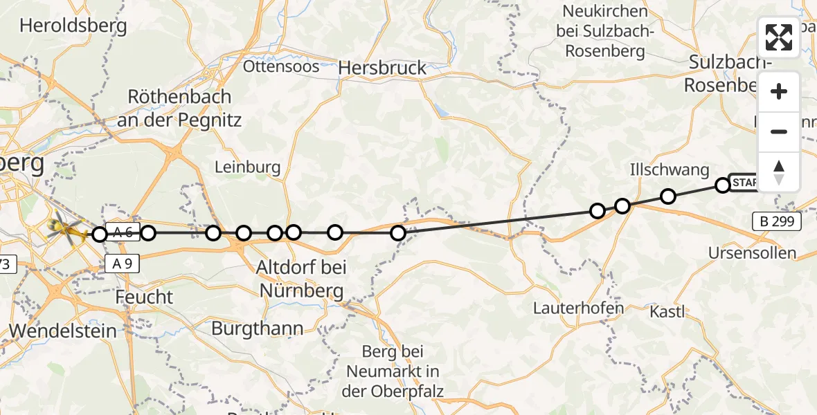 Flugroute Rettungshubschrauber Viehberg - Nürnberg South Hospital, 26 März 2026, 15:07