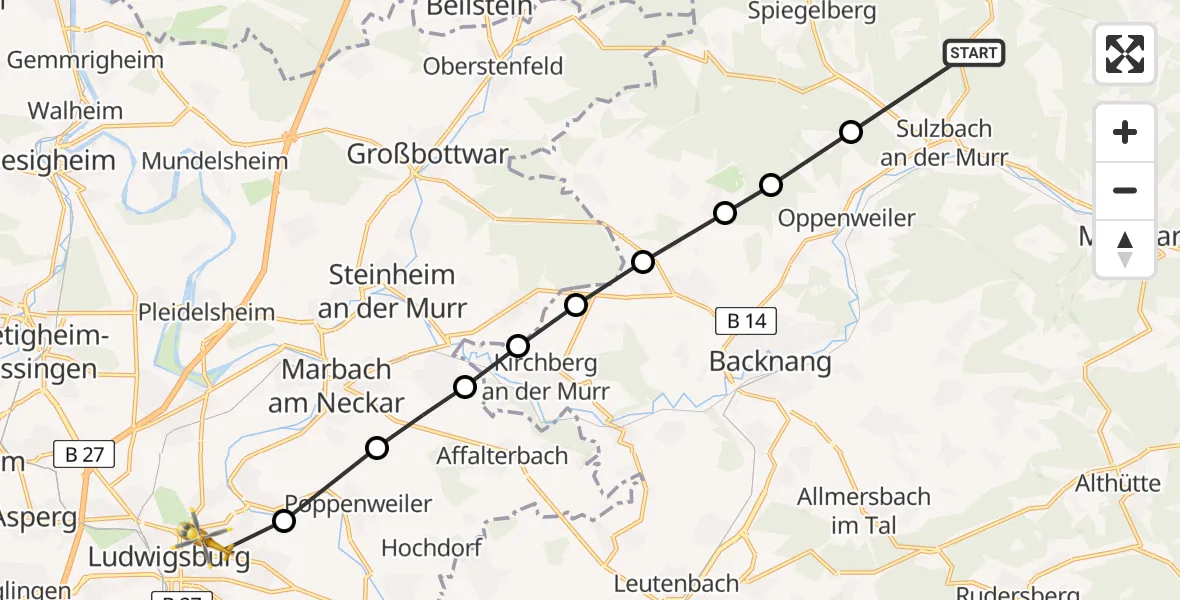 Routekaart van de vlucht: Rettungshubschrauber nach Ludwigsburg, Hegelstraße