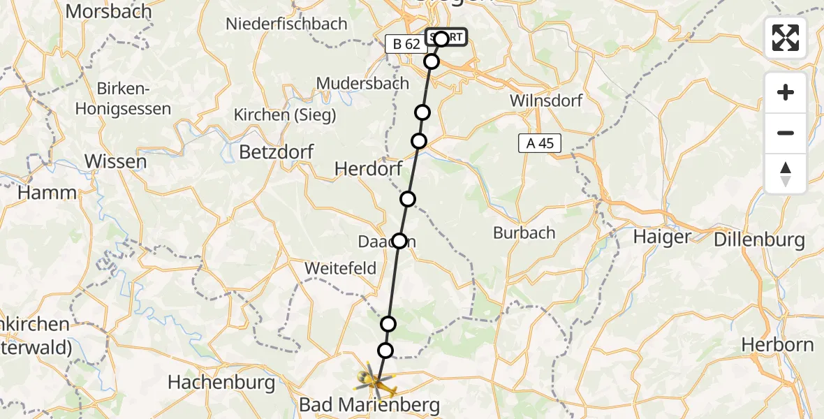 Flugroute Rettungshubschrauber Evangelisches Jung-Stilling Hospital - Bad Marienberg, 26 März 2026, 15:20