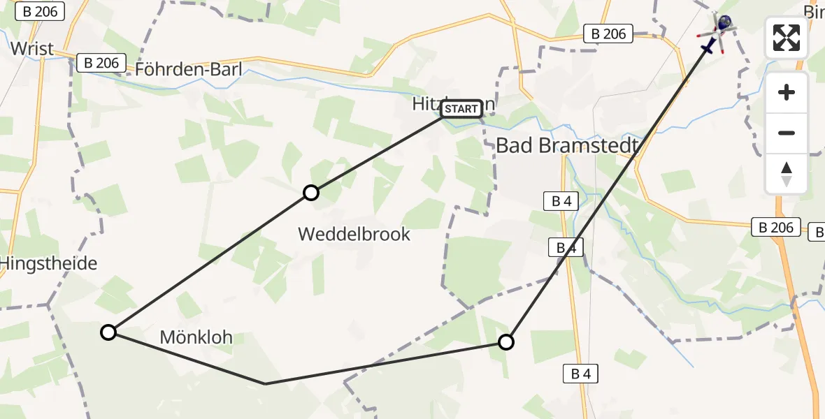 Routekaart van de vlucht: Polizeihubschrauber nach Bad Bramstedt, Roddenmoorweg