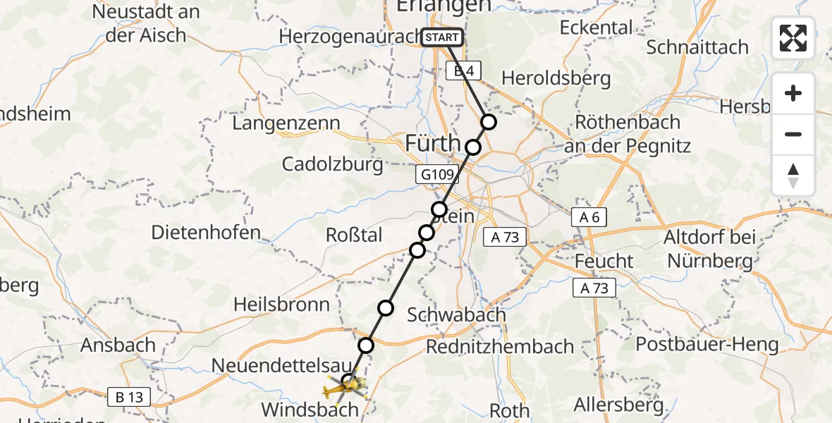 Flugroute Rettungshubschrauber Erlangen - Suddersdorf, 26 März 2026, 12:49