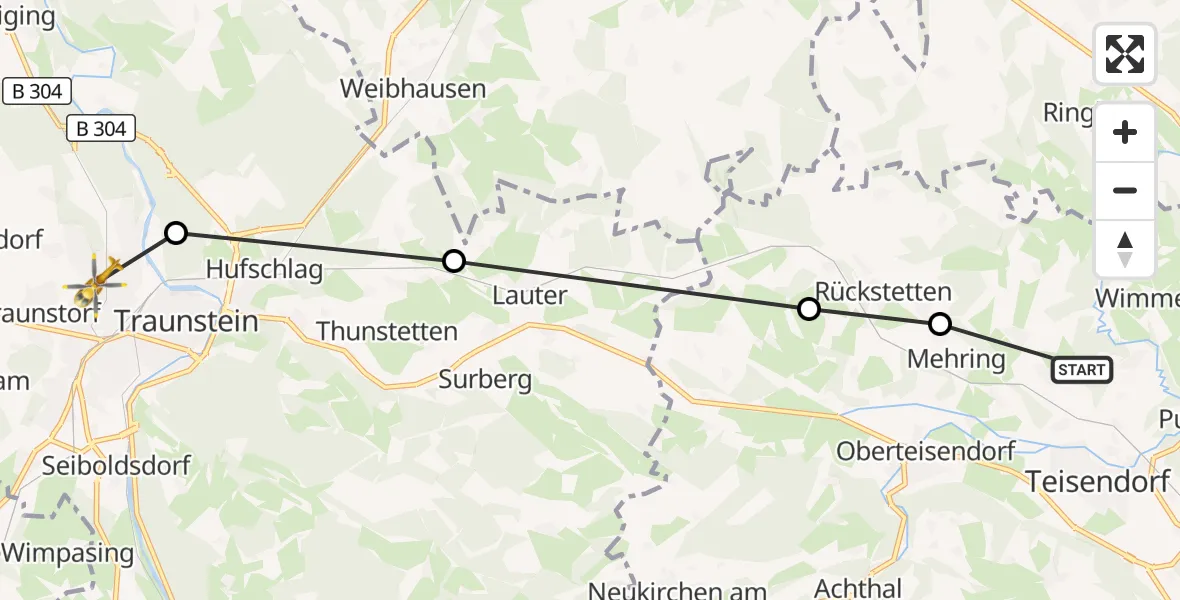 Flugroute Rettungshubschrauber Holzhausen bei Teisendorf - Traunstein Hospital, 26 März 2026, 15:32