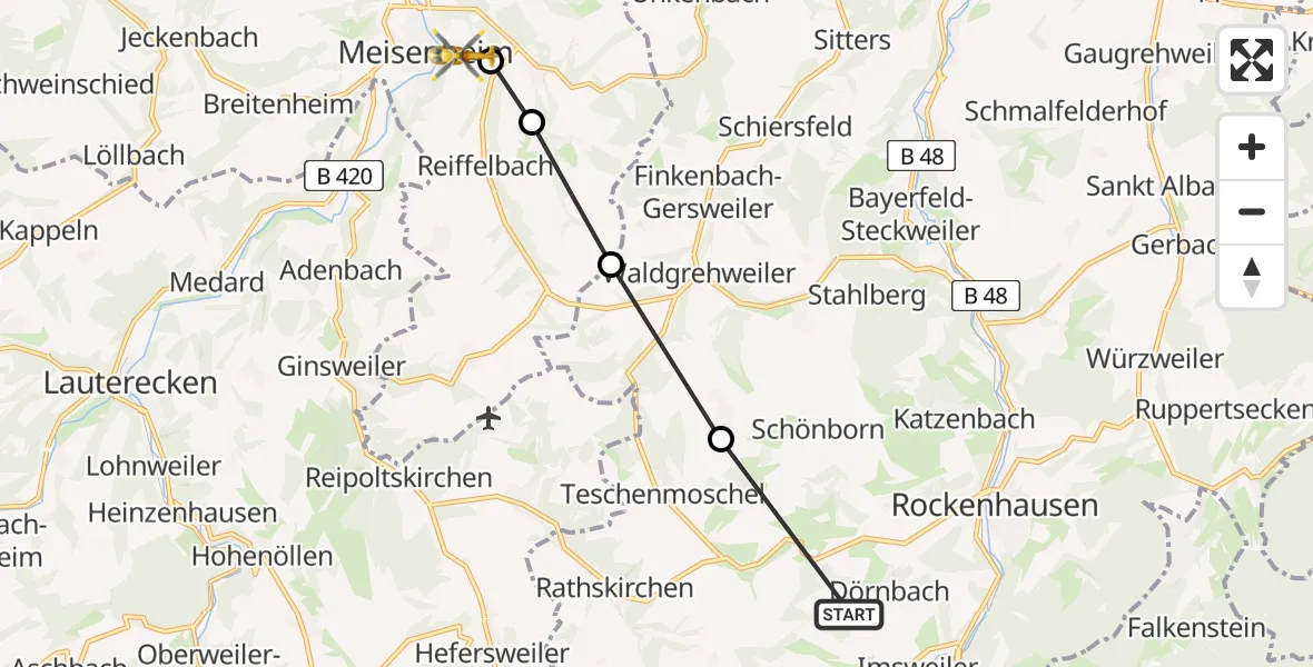 Flugroute Rettungshubschrauber Dörnbach - Meisenheim, 26 März 2026, 15:35