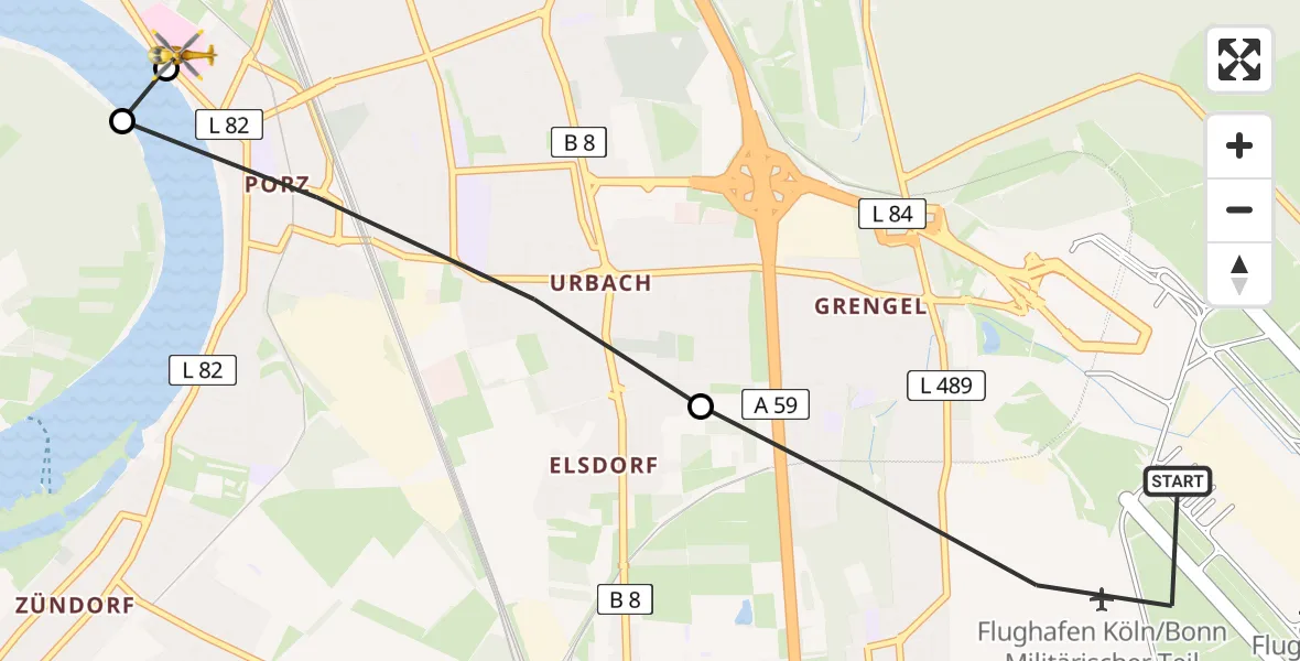 Flugroute Rettungshubschrauber Köln Bonn Flughafen - Porz am Rhein Hospital, 26 März 2026, 15:46