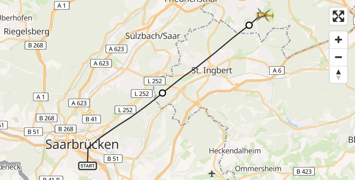 Flugroute Rettungshubschrauber Saarbrücken - Spiesen-Elversberg, 26 März 2026, 15:56