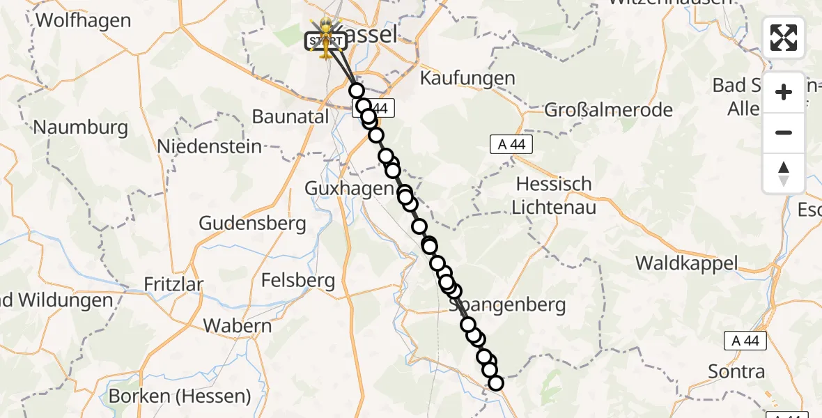 Routekaart van de vlucht: Rettungshubschrauber nach Kassel, Hansteinstraße