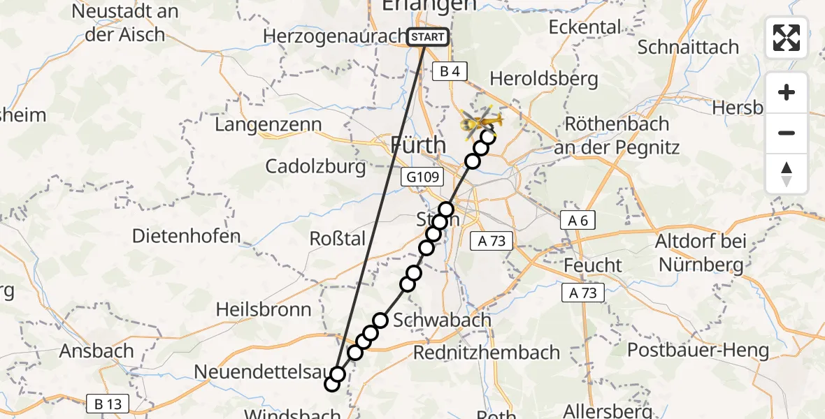 Flugroute Rettungshubschrauber Erlangen - Flughafen Nuremberg, 26 März 2026, 12:49