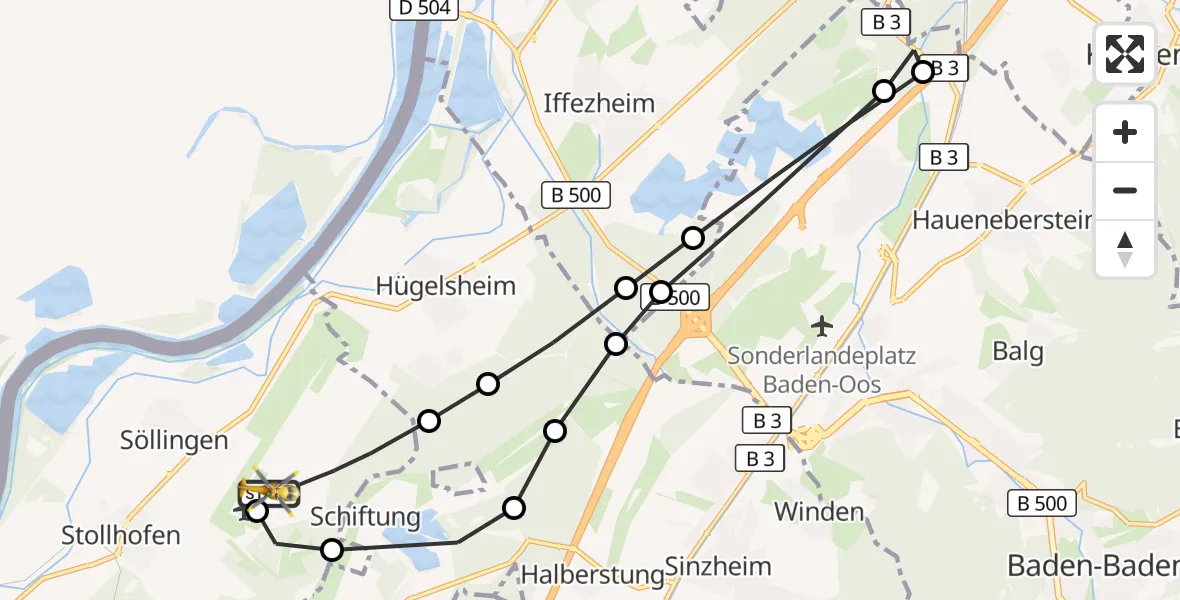 Flugroute Rettungshubschrauber Karlsruhe Baden-Baden Flughafen - Karlsruhe Baden-Baden Flughafen, 26 März 2026, 16:05