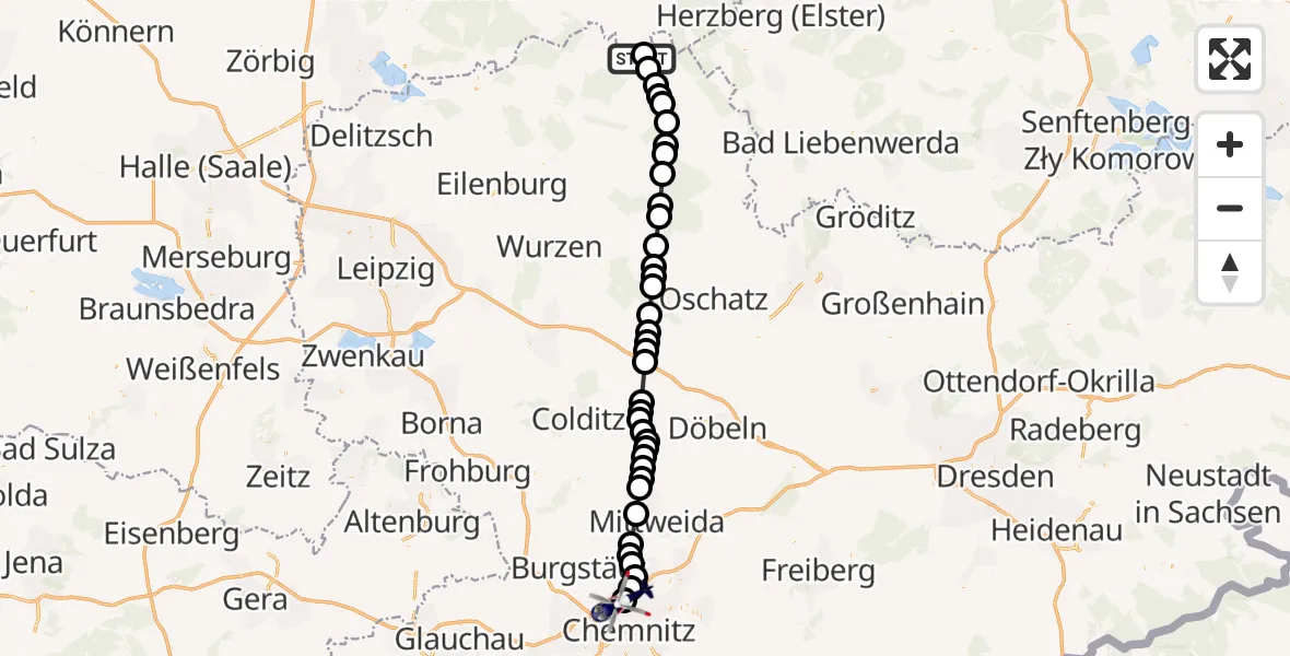 Routekaart van de vlucht: Polizeihubschrauber nach Chemnitz-Glösa Industrial Park Hubschrauberlandeplatz
