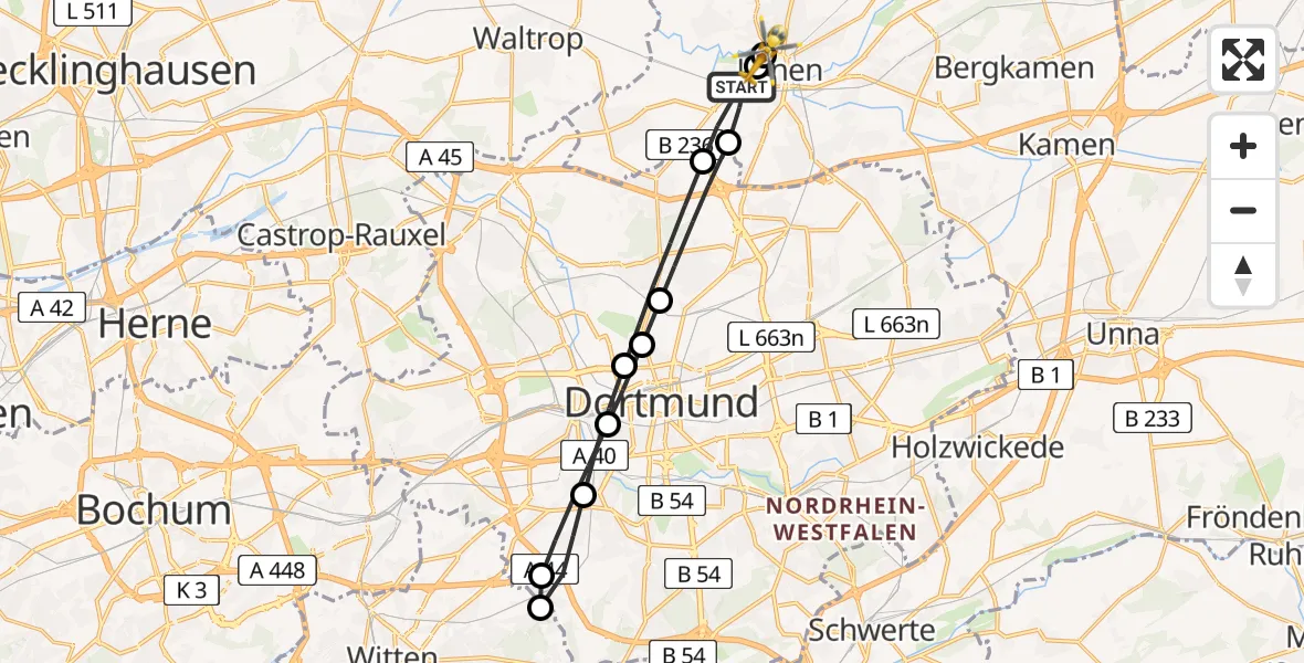 Flugroute Rettungshubschrauber Lünen - Sankt Marien Hospital, 26 März 2026, 16:08